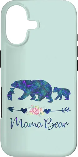 Vista 32 de Teal Blue Purple Floral Mama Bear and Two Cubs Green Mint Case for iPhone 16