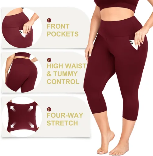Vista 5 de MOREFEEL Leggings capri de talla grande para mujer con bolsillos, elásticos XL-4XL, control de abdomen, cintura alta, pantalones de yoga negros