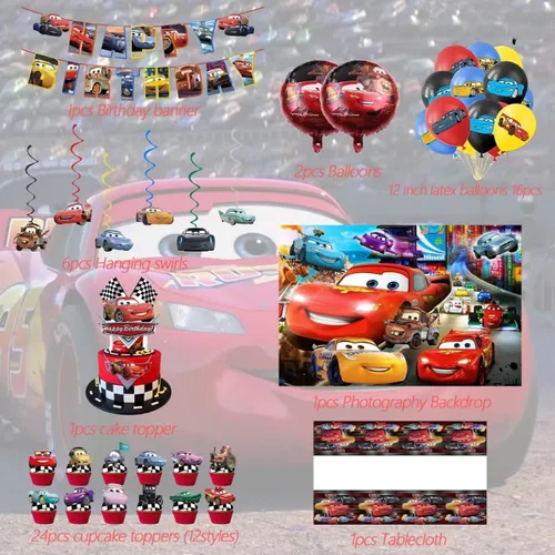 Vista 2 de 52 piezas de suministros para fiesta de cumpleaños de autos, juego de decoración de fiesta incluye cartel, telón de fondo, globos, remolinos