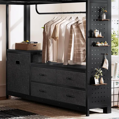 Vista 5 de Cama alta de metal tamaño Queen con escritorio, cajones de almacenamiento y poste de tendedero, marco de cama alta resistente con tablero de Negro