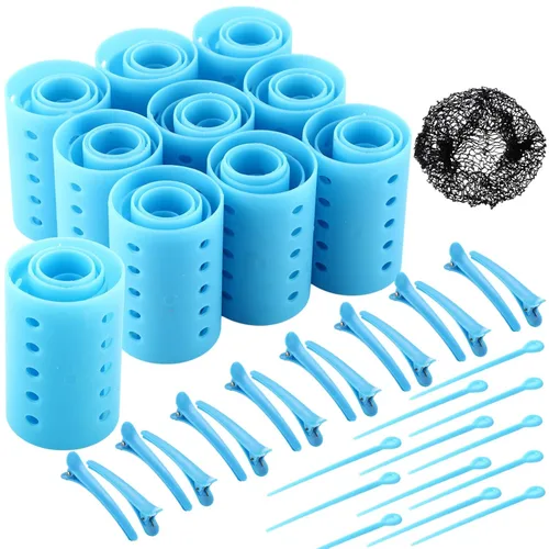 Vista 18 de WILLBOND El juego de 141 rodillos para el cabello incluye rodillos de plástico con alfileres y clips (azul bebé)