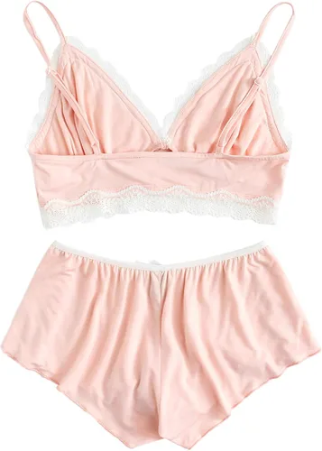 Vista 2 de SweatyRocks - Conjunto de ropa interior de lencería con borde de encaje, bralette con tirantes y calzón para mujer