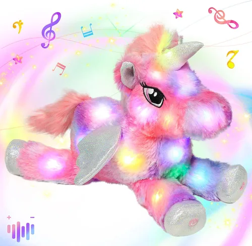 Vista 9 de Hopearl Unicornio de peluche con luces LED, flexible, con luces de noche que brillan en la oscuridad, para festival, cumpleaños, niños pequeños