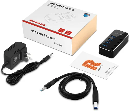 Vista 7 de RSHTECH - Concentrador USB 3.0 de 4 puertos alimentado, divisor de concentrador de datos USB de aluminio portátil con interruptor individual