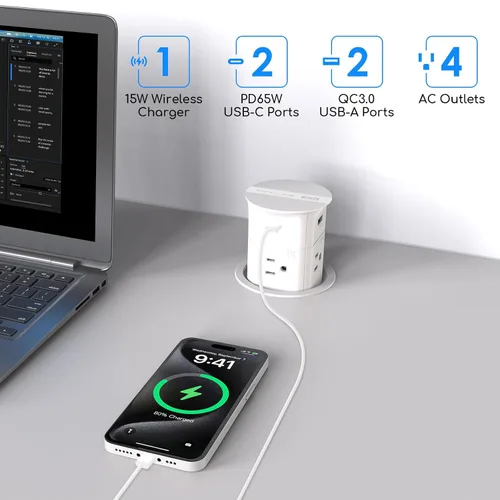 Vista 3 de ANNQUAN 3.15 "Pop Up Encimera Salida Cargador Inalámbrico 65W USB 800J Blanco