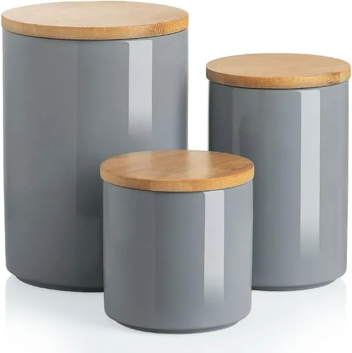 Vista 18 de Botes de Cocina Sweejar Tarro de Cerámica para Almacenamiento de Alimentos, Contenedores Apilables con Tapa de Madera de Sellado Hermético