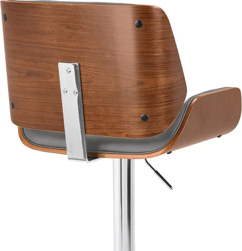 Vista 7 de Armen Living London Taburete de bar moderno giratorio de altura ajustable de piel sintética gris y madera de nogal con base cromada para encimera