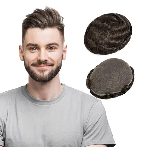 Vista 11 de Amiable Toupee para hombres, cabello humano, encaje francés, sistemas de reemplazo de cabello para hombre, suave blanqueado, frontal, aspecto #1