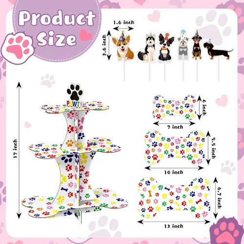 Vista 2 de Bokon Soporte de 3 niveles para cupcakes de perro y 24 piezas de decoración para cupcakes para perros, suministros de fiesta de cumpleaños