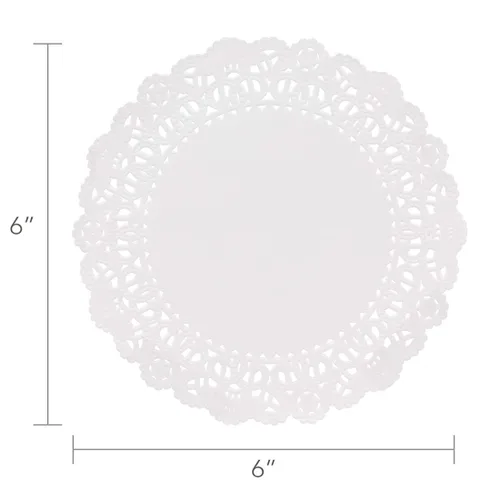 Vista 2 de Hygloss Doilies redondos de papel, 36 piezas, 6 pulgadas, tapabocas decorativos de encaje blanco, desechables y seguros de grado alimenticio