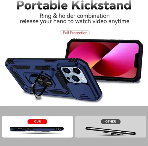 Vista 4 de Funda para iPhone 13 Pro Max de 6.7 pulgadas con protector de pantalla de vidrio templado y cubierta para cámara deslizante, anillo magnético Azul