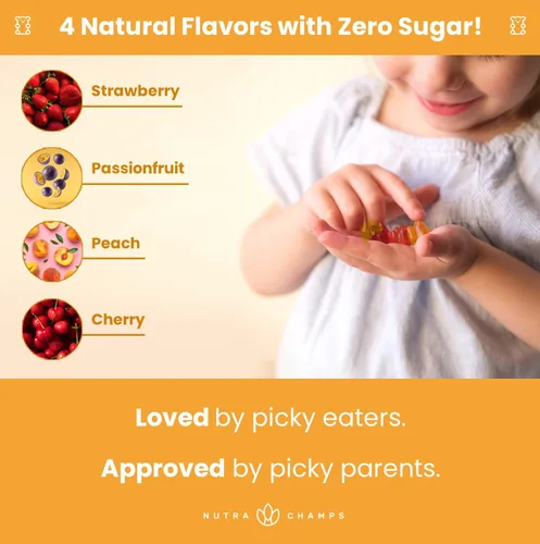 Vista 4 de NutraChamps Gomitas multivitamínicas para niños 120 vitaminas gomosas sin azúcar para niños Veganas y sin OMG Fresa, maracuyá, melocotón