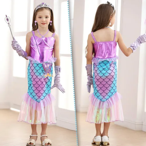 Vista 4 de iTVTi Disfraz de sirena para niñas, disfraz de princesa Ariel, disfraz de Halloween, trajes morados