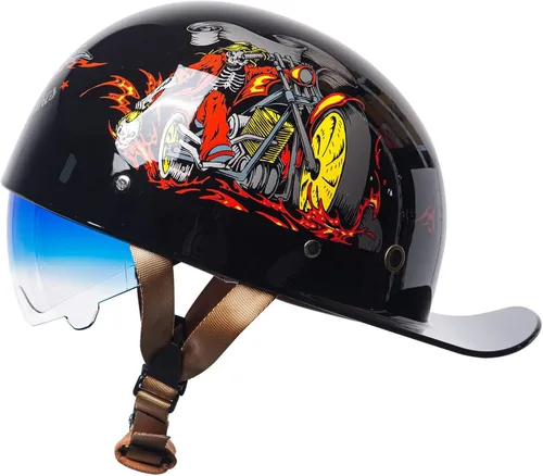 Vista 12 de Gorra de béisbol con casco de motocicleta medio, casco de moto con cara abierta de estilo vintage para adultos, hombres y mujeres, para crucero