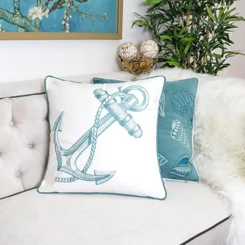 Vista 4 de Funda de almohada bordada de terciopelo verde azulado, con ancla de la serie oceánica, funda de almohada decorativa náutica para decoración