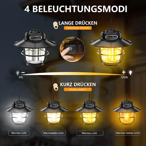 Vista 3 de Linterna de campamento, luz portátil para camping, linternas recargables 4 modos de luz (1300-6500 K), brillo ajustable, linterna para tienda LED