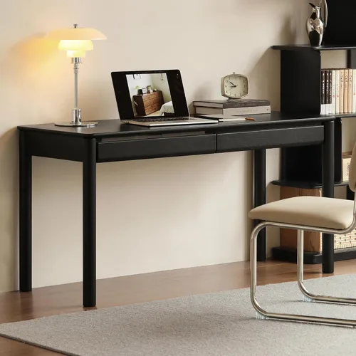 Vista 14 de Escritorio de madera maciza con acabado de nogal, escritorio pequeño para oficina en casa, escritorio de computadora para espacios pequeños