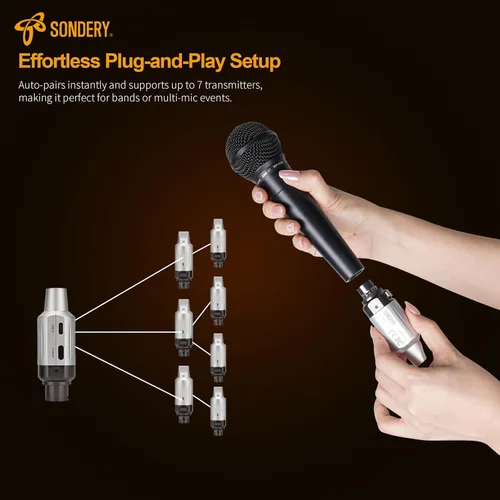 Vista 7 de Sondery Transmisor y receptor inalámbricos UHF XLR recargables 7 canales para micrófonos dinámicos de bobina móvil