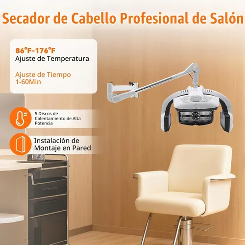 Vista 2 de Secador de pelo profesional multifunción, secador de peluquería de alta potencia de 1500 W con 5 discos térmicos y brazo ajustable giratorio