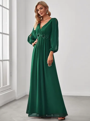 Vista 3 de Ever-Pretty Mujer elegante cuello en V manga larga una línea de gasa hasta el suelo vestido de madre de la novia 0461-USA