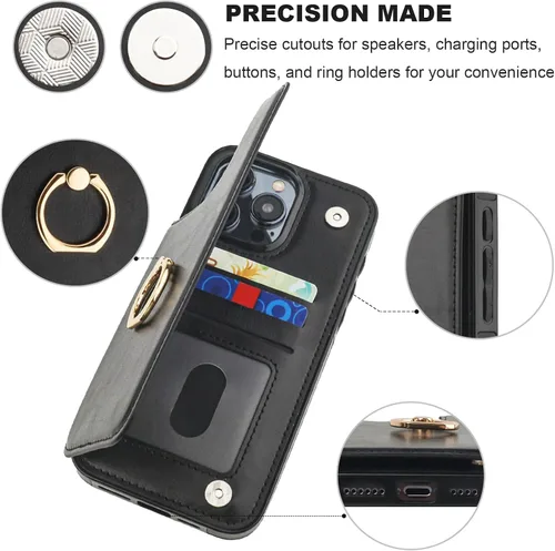 Vista 8 de ONETOP - Funda tipo cartera para iPhone 15 Pro Max con tarjetero de crédito, color negro 360° Rotation Ring Kickstand,Finger Grip,Double Magnetic