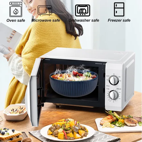 Vista 5 de Ensaladera extra grande, cuenco de frutas de cerámica de 94.7 fl oz, elegante cuenco de sopa redondo de rayas verticales azul marino, cuenco