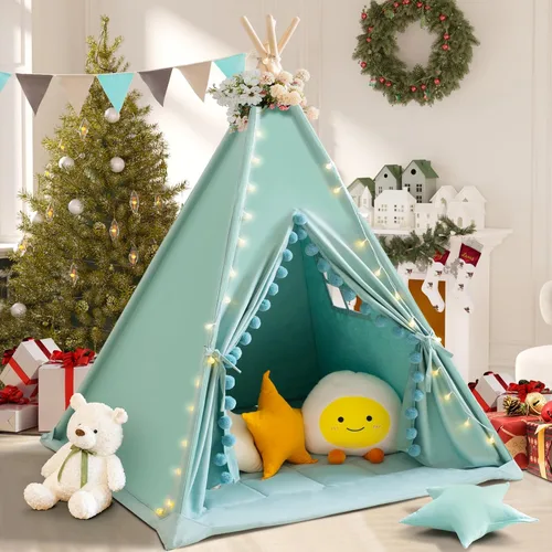 Vista 13 de WIRHAO Tienda de campaña tipi para niños con alfombrilla acolchada, lona de algodón, tipi con pompón para niños pequeños, tienda de campaña