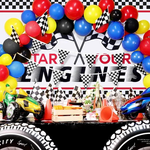 Vista 5 de Juego de decoración de fiesta de auto de carreras, 1 telón de fondo de Start Your Engines, 1 mantel de carreras, banderas a cuadros blancos y negros