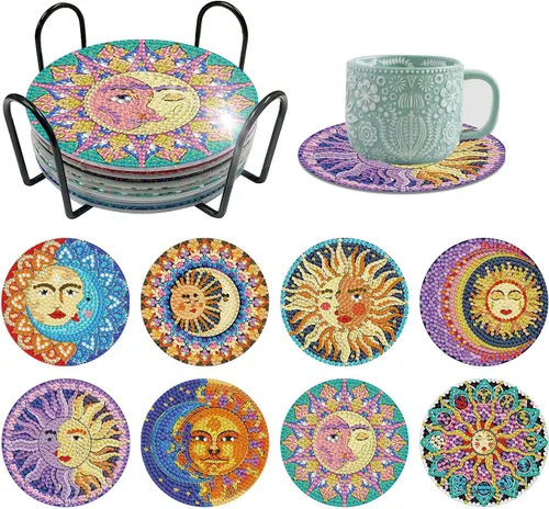 Vista 29 de Meothan Juego de 8 posavasos de arte de diamante para adultos con soporte, almohadillas de corcho, posavasos de arte de puntos de diamante de vidrio