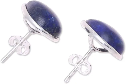 Vista 2 de NOVICA Aretes de botón de plata de ley 925 con lapislázuli, lágrimas místicas, Plata Esterlina Piedra, Sin gemas.