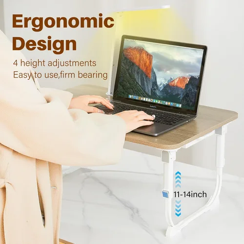 Vista 3 de Escritorio para computadora portátil para cama con luz de escritorio LED, mesa ajustable para tableta con patas plegables, cajón de almacenamiento
