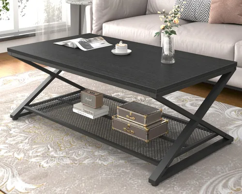 Vista 12 de LVB - Mesa de centro negra de 2 niveles con almacenamiento, 39 pulgadas Industrial Metal Wood Living Room Table with Storage, Farmhouse Wooden
