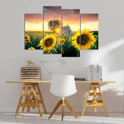 Vista 5 de Biuteawal Lienzo decorativo de girasol para pared, 4 piezas, puesta de sol, paisaje, impresión de flores amarillas, cuadro enmarcado, arte de campo