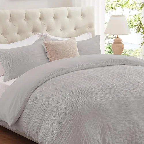 Vista 8 de Cozyide Beige Queen Duvet Cover Set, 3 Pieces Soft Seersucker Queen Size Duvet Cover with Zipper Closure and Corner Ties, 90"x90" Duvet Cover with 2