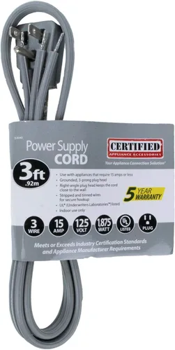 Vista 5 de Certified Appliance Accessories 15-0343 Cable de alimentación para electrodomésticos de 15 amperios, 3 pies, 3 cables, conexión a tierra, cabeza