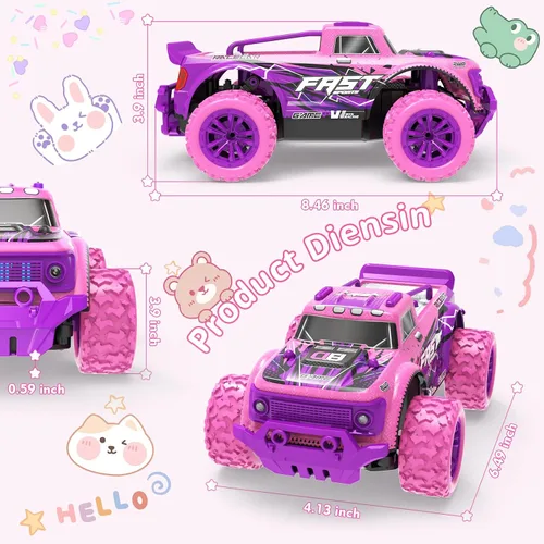 Vista 5 de Coche de Control Remoto para Niñas: Camión RC Rosa Púrpura a Escala 1:20 con Luz LED y Molinos de Viento DIY - Camiones RC Todo Terreno de 20 Km/h