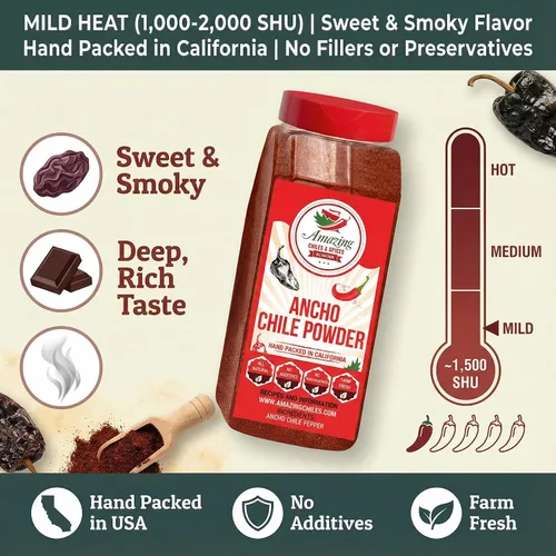 Vista 5 de Polvo de Chile Ancho Molido 1 LB (16oz) – Completamente Natural - Usar Para Recetas Como Mole Mexicano, Salsas, Guisos, Salsa, Carnes, Enchiladas.