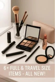 Vista 2 de Caja misteriosa de maquillaje, 6 productos de belleza de tamaño completo y viajes, lápiz labial, sombra de ojos, pinceles, paquete sorpresa