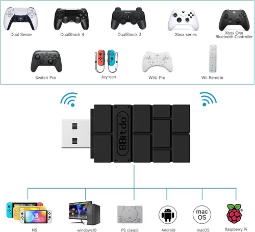 Vista 2 de Adaptador de controlador inalámbrico USB 8BitDo 2 dongle convertidor para SwitchSwitch OLED Steam Deck Windows MacOS Raspberry Pi PS5PS4PS3 Xbox