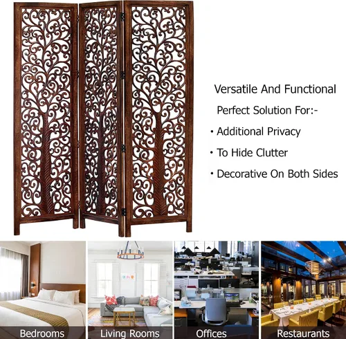 Vista 5 de Biombo Divisor de Habitación de Madera - Árbol Arbor Marrón Antiguo - Hecho a Mano 60 x 72 pulgadas Tres Paneles Plegables - Pantalla Decorativa