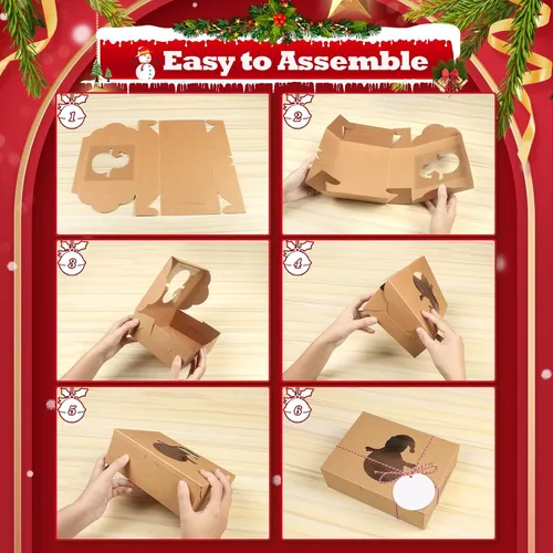 Vista 5 de COTOPHER 18 cajas de galletas de Navidad con ventana, 10 x 10 x 2.5 pulgadas, cajas de panadería marrones para regalo, cajas de postre de papel