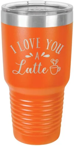 Vista 12 de Taza de viaje de acero con recubrimiento de polvo grabado con láser, con texto en inglés "I Love You A LATTE Engraved Tumbler", sin BPA