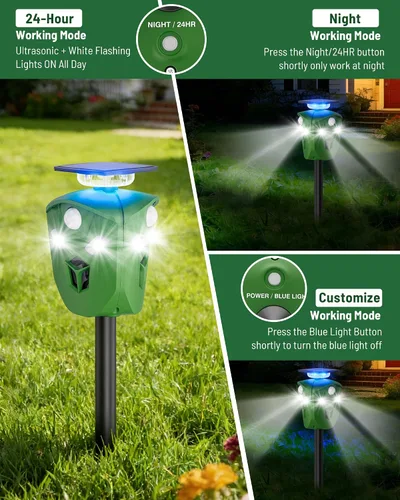 Vista 4 de Repelente solar de animales de 360° para patio y jardín, sin sensor de movimiento de punto ciego para mantener alejados a ciervos, mapaches y gatos