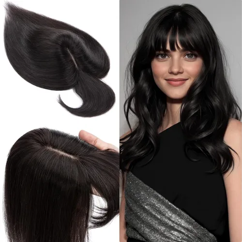 Vista 15 de SEGO Toppers de cabello humano 100% real, con flequillo de aire, base de seda 150% de densidad, topper con clip, 2.7 x 5.1 pulgadas, piezas