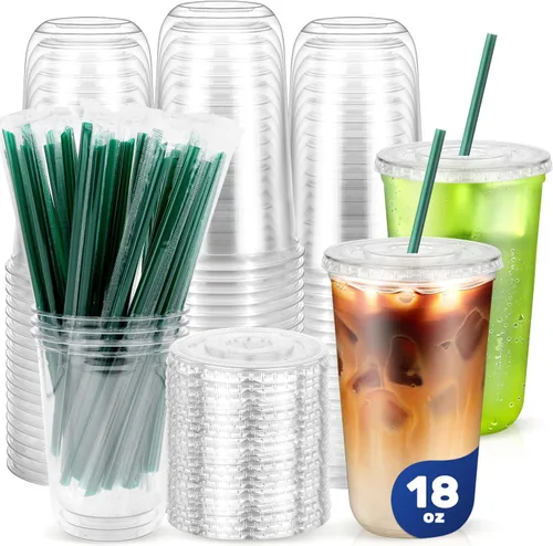 Vista 11 de 50PCS 14 oz Clear Plastic Cups with Lids and Dark Green Straws Transparente