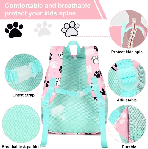 Vista 4 de LOIDOU Mochila para niños y niñas de 15 pulgadas para niños y niñas, preescolar, bolsa de libros para guardería, viajes, Rosado, Bonito y duradero