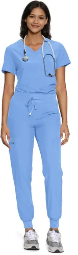 Vista 17 de floralhue Conjunto de ropa quirúrgica para mujer con cuello en V y Negro