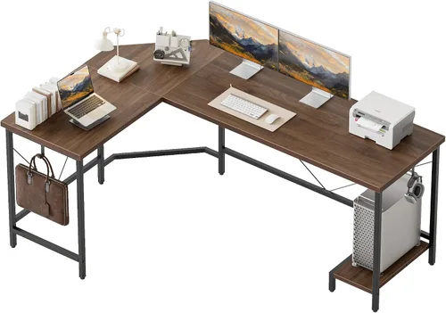 Vista 30 de Mericonia Escritorio para computadora en forma de L con tomas de corriente, escritorio para juegos reversible con estantes de almacenamiento y Marrón