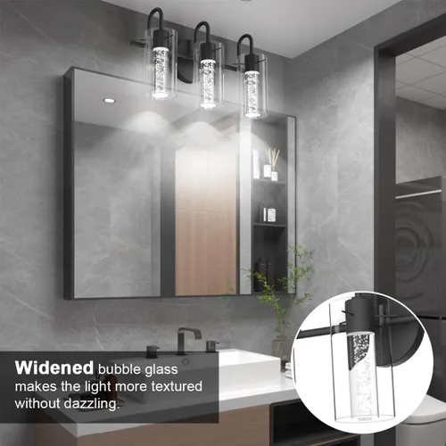 Vista 8 de Aipsun Lámparas de baño, luces negras de tocador con cristal de burbujas, 3 luces LED modernas, accesorios de iluminación de pared de baño sobre