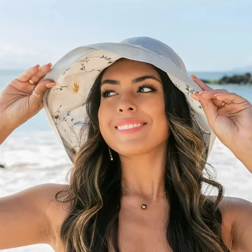 Vista 2 de Sombrero de malla para el sol para mujer, plegable, de ala ancha, protección UV, protección UV, para playa, con correa para la barbilla